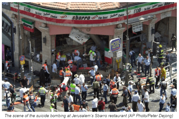 The scene of the suicide bombing at Jerusalem’s Sbarro restaurant (AP Photo/Peter Dejong)