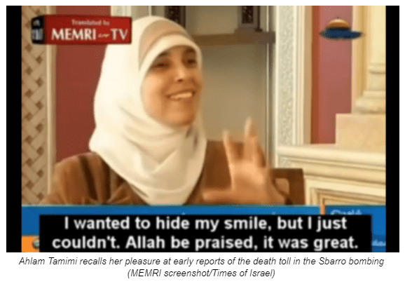 Ahlam Tamimi recalls her pleasure at early reports of the death toll in the Sbarro bombing (MEMRI screenshot/Times of Israel)