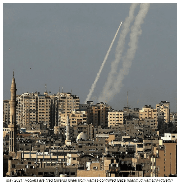 May 2021: Rockets are fired towards Israel from Hamas-controlled Gaza (Mahmud Hams/AFP/Getty)
