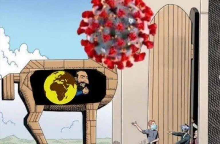 Antisemitic cartoon on Telegram, 15 March 2020, presenting coronavirus as a Trojan horse for ‘globalist’ Jews. Photo credit: ADL/COURTESY