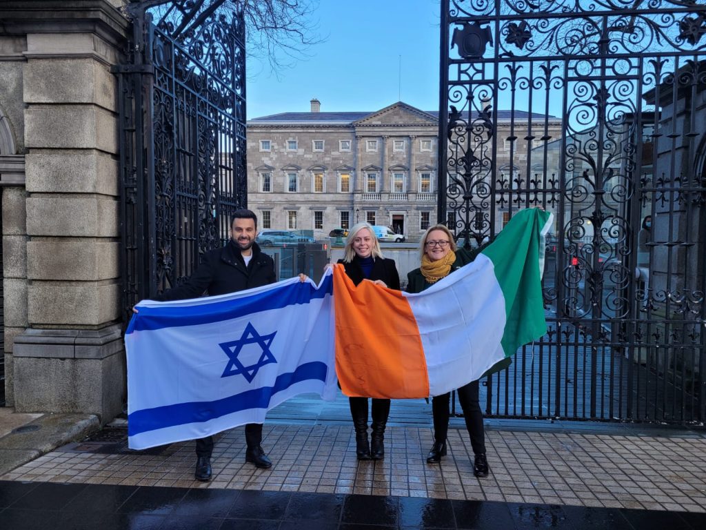 Yoseph Haddad, Emily Schrader and Jackie Goodall (Ireland Israel Alliance) in front of Leinster House