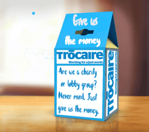 A satirical impression of a Trócaire Lenten donations box