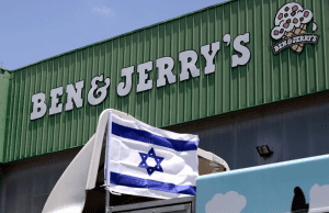 An Israeli flag on a delivery truck outside US ice-cream maker Ben & Jerry's factory in Be'er Tuvia, Israel (Emmanuel Dunand/AFP)