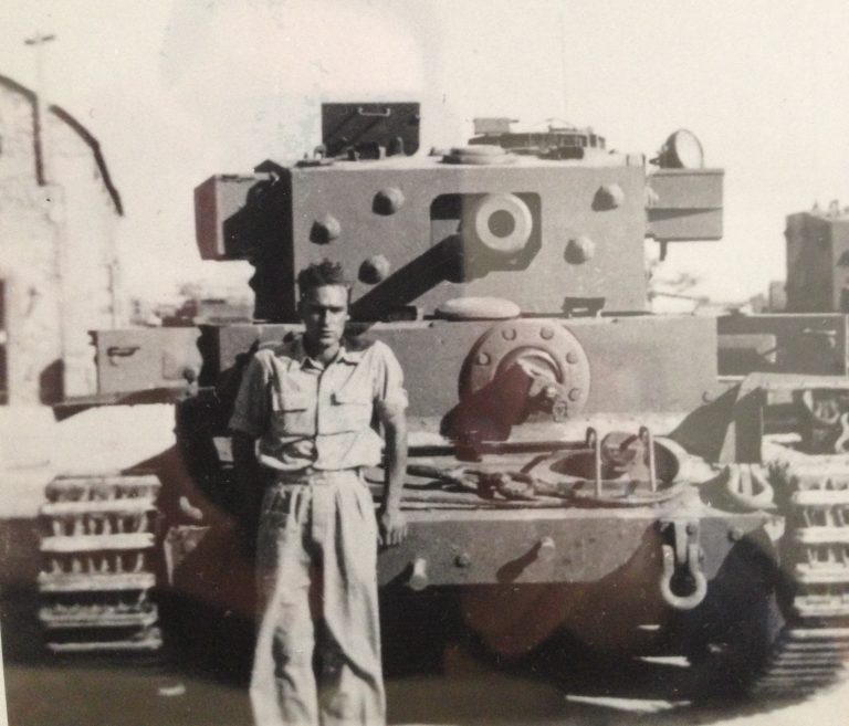 Mike Flanagan standing in front of one of the Cromwell tanks in 1948