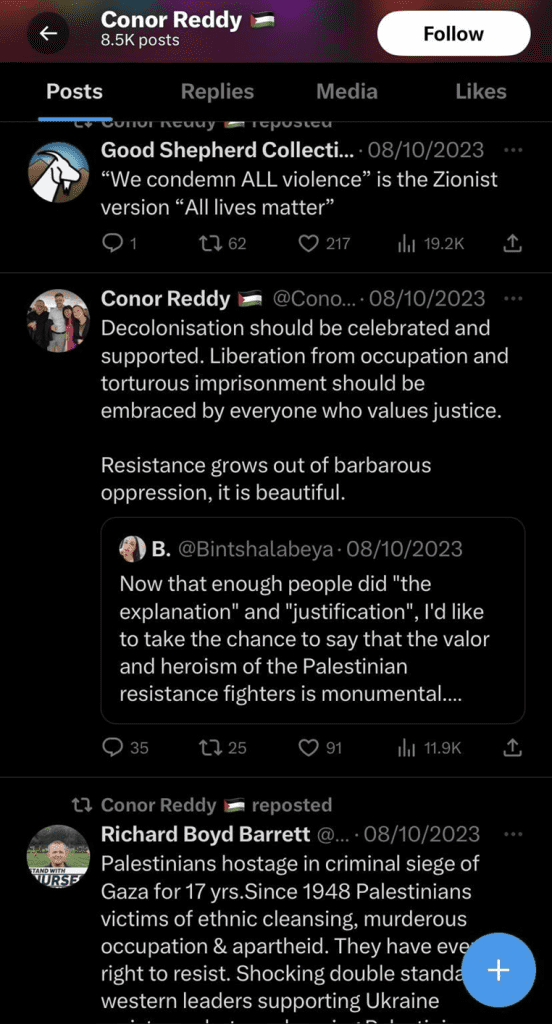 Extract from X account of Conor Reddy, PBP representative, showing both Reddy and Richard Boyd Barrett justifying the Hamas attack as resistance